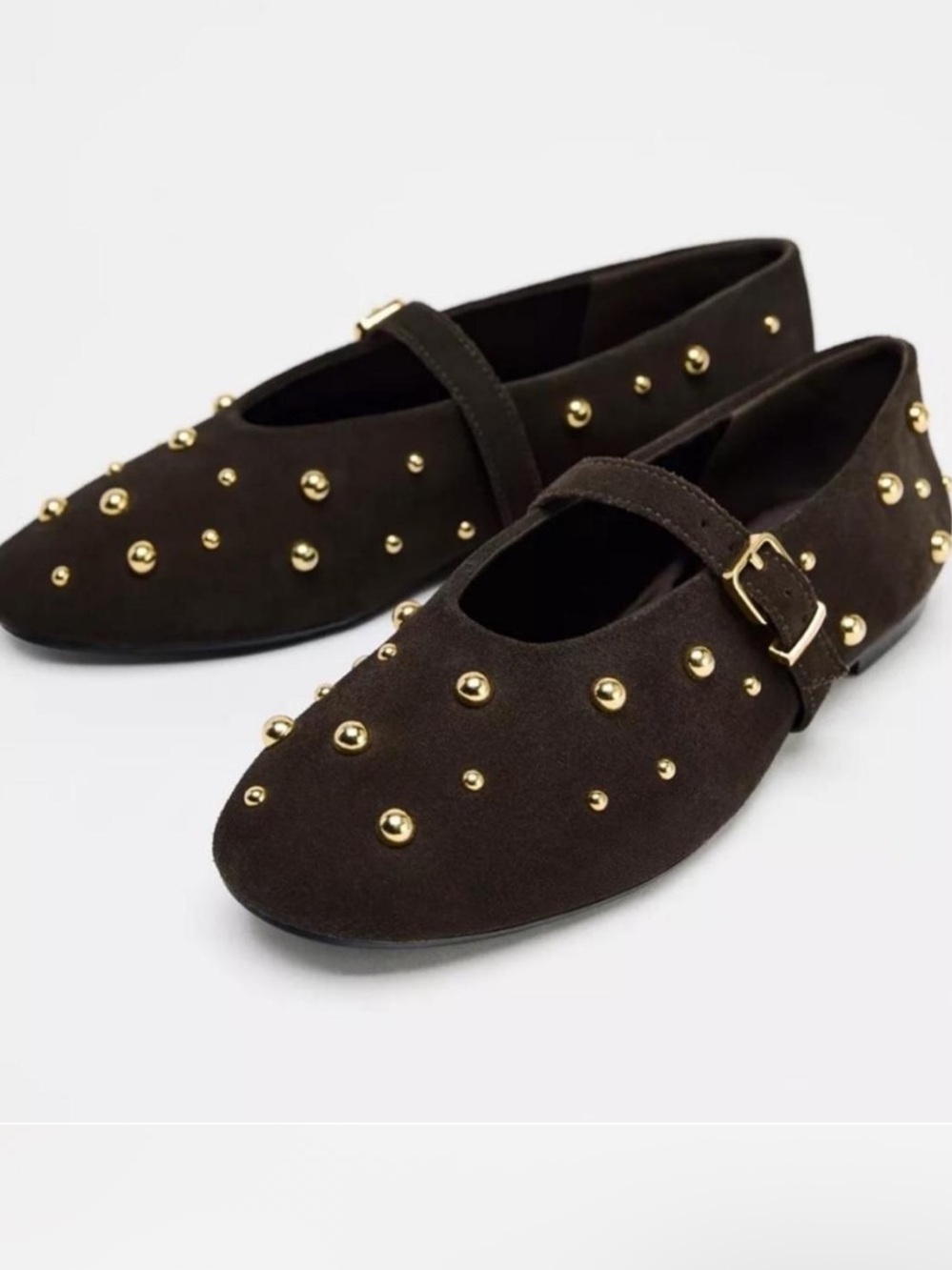 Zara studded split Suede brown Mary Jane Flats with Gold Studs 7.5